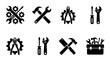 © Jannatul - Industrial work tools icon set, black silhouettes of hammer and wrench, construction hardware equipment vector, repair service toolbox symbols