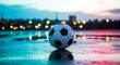 © Stormlab99 - Soccer ball resting on wet ground with blurred city lights and colorful twilight sky in the background, after dark