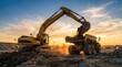 © Alamin - Industrial excavator loading dirt into large dump truck at sunset construction site scene.