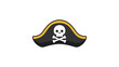 © Hania - Pirate Hat Vector Icon Illustration with Skull and Crossbones Jolly Roger Symbol, Modern Flat Design Tricorne Hat with Yellow Trim and Editable Stroke for Sea Adventure and Pirate Themed Art.