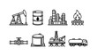 © Svitlana - Oil and gas industry: oil pumpjack, oil barrel, refinery plant, gas flame, pipeline, storage tank, drilling rig, tanker truck.