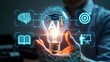 © Carlos Montes - Businessman holding AI light bulb with graduation cap icon, representing artificial intelligence in education, smart learning systems, online courses, digital transformation and e-learning technology.