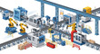 © Hadi - Overhead isometric illustration of a modern industrial factory showing automated production with robotic arms and conveyor belts, rendered with a clean, bright color palette against a plain