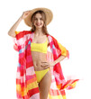 © New Africa - Beautiful woman wearing stylish swimsuit, beach kimono and hat on white background
