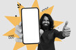 © Prostock-studio - A man with long hair and a beard is holding a smartphone in one hand and giving a thumbs up with the other. The background has bright shapes and patterns that draw attention to his gesture.