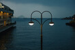 © Heng Yu/Stocksy - City Waterfront Scene With Street Lamp and Dark Sky