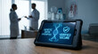 © ViskBx - Digital tablet displaying a glowing holographic dna strand and security icons, representing secure encryption of sensitive genetic medical data
