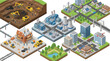 © Umar - Isometric urban development montage with construction, industry, power, city life and mining scenes, perfect for infrastructure concepts, urban planning and industrial showcases.