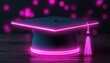 © oksa_studio - Stylish graduation cap illuminated with vibrant pink neon light contours, featuring matching tassel against dark, bokeh-filled background, perfect for academic celebration designs.