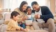 © WS Studio 1985 - Family Joy Moment: A loving family shares a heartwarming moment, with parents and children enjoying drinks and treats in a cozy living room, radiating happiness and togetherness.