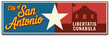 © FASTSEO - San Antonio Texas travel plaque illustration, vintage USA tin sign sticker with flag star symbol for tourism and souvenir postcard design.