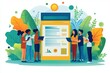 © dgete - Diverse group of people collaborating around a large digital report with charts and laptops amid lush leaves, focused and upbeat