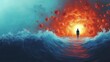 © sun - solitary silhouette walking on turbulent ocean toward a fiery sun, surrounded by floating virus-like particles — a dramatic scene of danger, resilience, and fragile hope