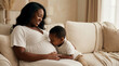 © AIMIN - Mother's Day expectant mother with toddler son on couch showing sibling bond affection anticipation for lifestyle magazine editorial content photography
