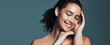© peopleimages.com - Skincare, beauty and happy woman with touch, wellness glow aesthetic and smooth texture for space. Facial shine, dermatology and person with banner for natural skin, self care and studio background