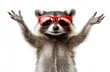 © zhuan - jubilant raccoon standing upright with outstretched arms and fluffy detailed fur on white background