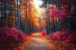© zhuan - sunlit forest path with orange and pink autumn foliage, tall slender trees and fallen leaves on a tranquil, enchanting trail