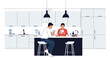 © Mitthila Vectx - Two young men sit at a kitchen island and use their digital tablets while eating breakfast in a modern minimalist apartment.