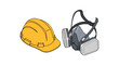 © Re - Yellow hard hat and respirator mask for safety and protection.
