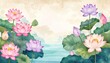 © Desain - Serene Lotus Flowers Blooming in Tranquil Waters with Misty Mountains.