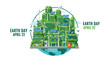 © MoodQueen51 - A vibrant green city featuring solar-paneled buildings wind turbines and an electric car charging sits atop a partial globe flanked by 'EARTH DAY APRIL 22' text.