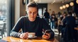 © Nelya - Young woman using smartphone and drinking coffee in a cafe.
