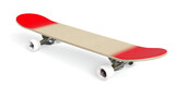 Red and beige urban skateboard with white wheels on a white background
