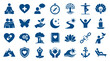 © Iconique Studio - Collection of blue icons representing health wellness and lifestyle concepts including meditation nature and self care symbols