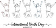 © Sajjat - International Youth Day line art illustration with jumping young people celebrating energy and freedom for global event vector design