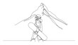 © Maestro - Dynamic continuous line drawing of a snowboarder carrying board with majestic mountain peak for winter sports