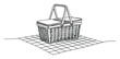 © Maestro - Simple line drawing depicting a traditional wicker picnic basket placed on a classic checkered blanket perfect for outdoor meal advertisements.