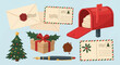 © Gery - Collection of Christmas postal stationery including a red mailbox, sealed envelopes, postcards with holly designs, a decorated evergreen tree, a gift box, and a fountain pen.