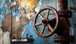 © Guntur - Rusty valve wheel on a pipe in front of a world map with a cargo ship