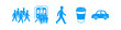 © Nort Kor - Blue silhouette icon set depicting urban commuting and daily city life, featuring people walking, public transport, a pedestrian, a coffee cup, and a car. Minimalist flat design on white background.