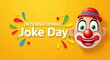 © nazmulgraphix - Funny clown face with colorful wig and red nose on yellow background for World Laughter Day promotion