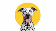 © Milan - Portrait of a happy dalmatian dog with striking blue eyes. Cute spotted canine on a modern yellow and white background with copy space