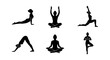 © Sajidul - Yoga silhouette icons set of 6 poses, black female figures in meditation and stretching asanas, wellness and fitness vector graphics