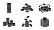 © AminulHaque - Black coin stack icons set, flat money vector illustrations, piles of gold coins and cash banknotes, financial growth and banking symbols