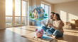 © Pukan - Happy young couple sitting on floor and looking at 3D holographic house projected from piggy bank, home ownership and saving concept.