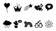 © Rehena - Minimalist black icons set, 10 cute vector elements including hearts, crown, and penguins, simple flat silhouette graphics for social media and stickers