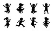 © Abu - Happy jumping children silhouettes, set of 8 active kids vector icons, joyful boys and girls playing and running, black childhood figures on white