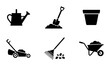 © Mahfuz - Garden tools icon set, black silhouette gardening equipment collection, 6 vector symbols for landscaping and horticulture maintenance
