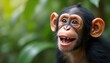 © Vadym - Baby chimpanzee shows happy, silly smile. Young ape with wide mouth and big ears looks forward. Primate has furry black coat in green jungle setting.