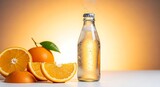 Botol minuman soda jeruk berbuih segar dengan potongan buah asli melambangkan kesegaran musim panas dan gaya hidup sehat dinamis