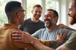 © Vadym - Men laugh together in group therapy session. Friends support each other showing empathy and understanding in rehab center. People share recovery journey feeling hopeful.