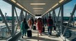 © Luqman - people walking in the airport, “A realistic photo of passengers walking through a modern airport jet bridge, glass walls on both sides, bright daylight streaming in, strong shadows on the floor, peopl