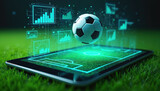 Football game analysis using digital tech on tablet screen. Digital graphs and soccer ball float above field. Data visualizations help strategy planning and performance tracking for teams.