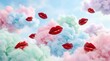 © Svitlana - Bold glossy red lips scattered across fluffy pastel clouds against a bright sky, playful pop-surreal beauty concept, dreamy editorial composition, no logos