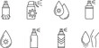© MDMUNNA - Black line vector icon set of sun protection spray sunscreen lotion bottles and skincare UV defense elements,