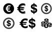 © Zahid - Currency symbol icon set with dollar and euro signs, black flat money vector elements, financial coin graphics for banking and e-commerce interfaces